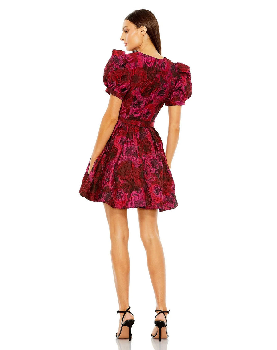 Cocktail Dresses Puff Sleeve Brocade Short Dress Pink Multi