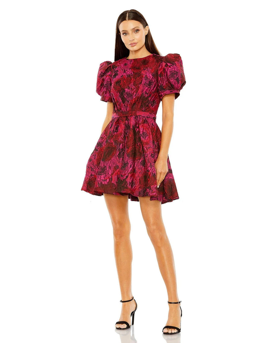 Cocktail Dresses Puff Sleeve Brocade Short Dress Pink Multi