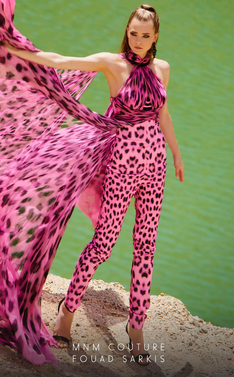 Jumpsuit Fitted Long Overskirt Printed Formal Jumpsuit  Fuchsia