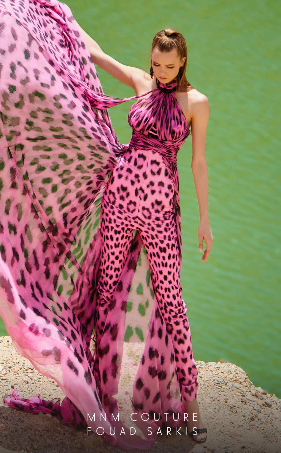 Jumpsuit Fitted Long Overskirt Printed Formal Jumpsuit  Fuchsia