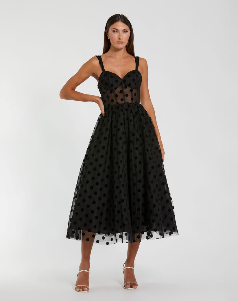 Formal Dresses A Line Polka Dot Formal Tea Length Dress Black