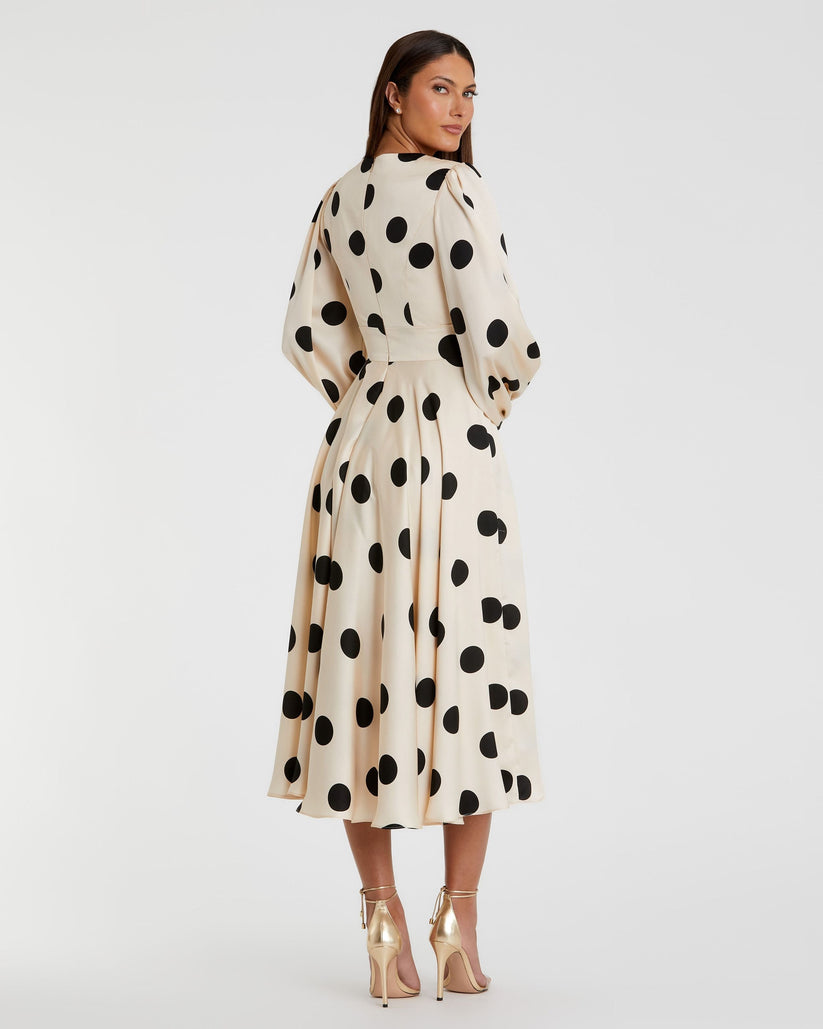 Cocktail Dresses Long Sleeve Polka Dot Printed Midi Cocktail Dress Cream Black