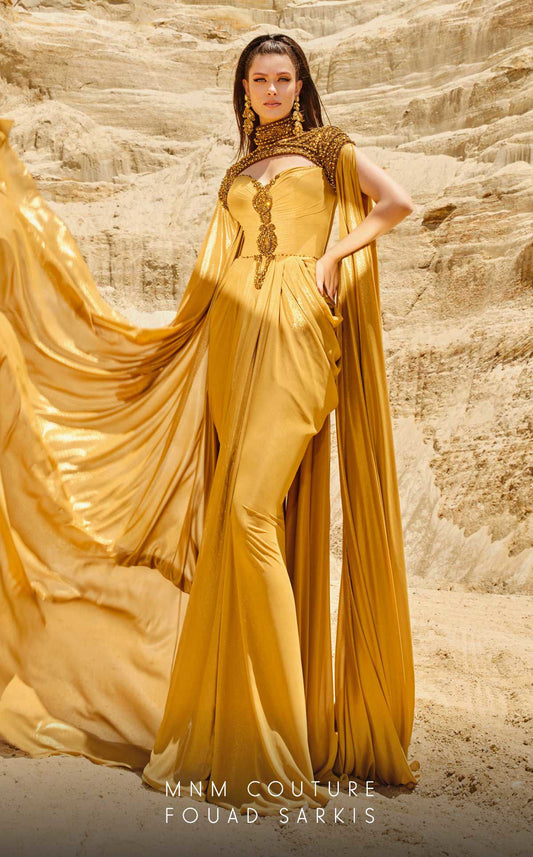 Formal Dresses Fitted Long Metallic Slit Formal Evening Dress  Mustard