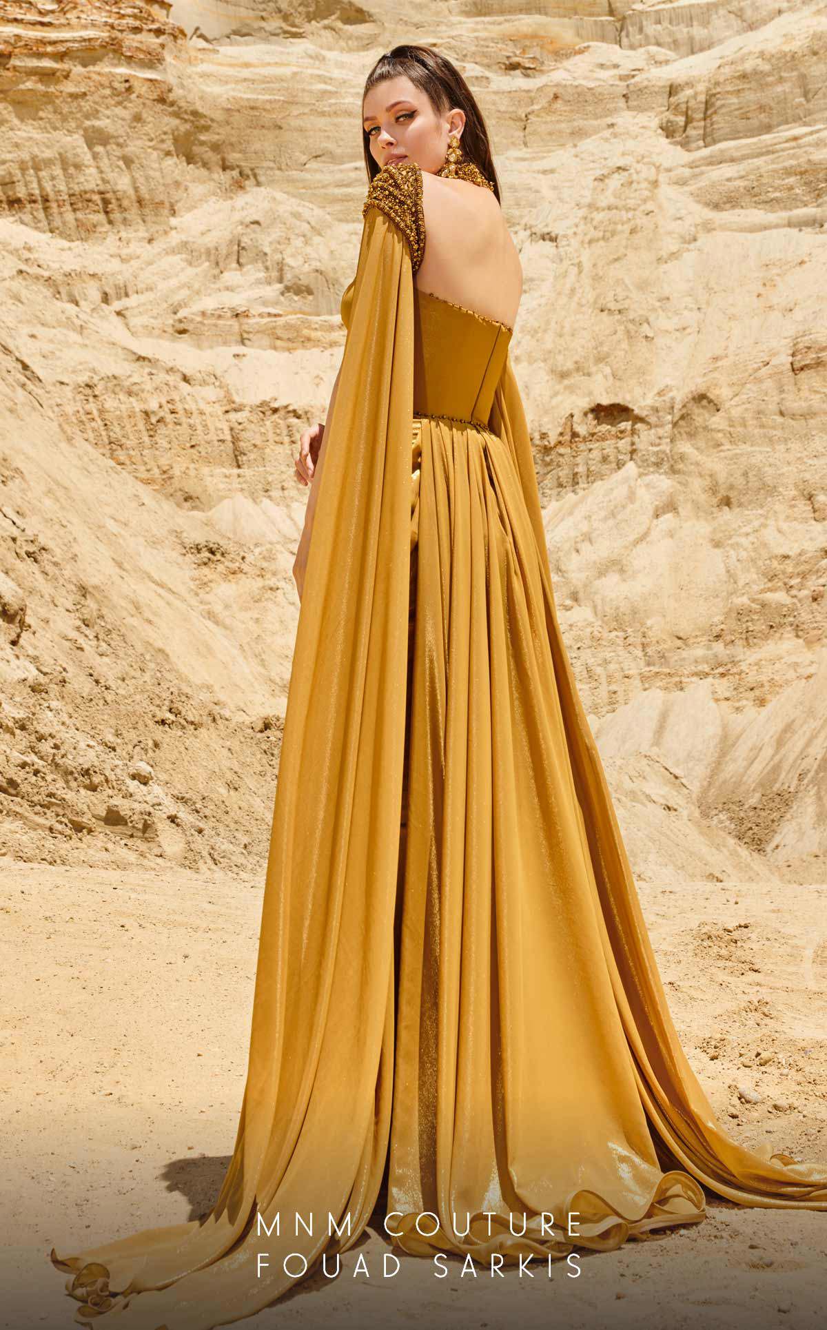 Formal Dresses Fitted Long Metallic Slit Formal Evening Dress  Mustard