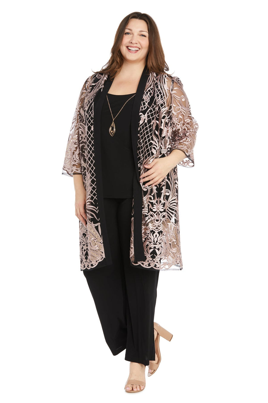 Pant Suit Sequin Plus Size Mother of the Bride Jacket Pant Suit Rose/Black