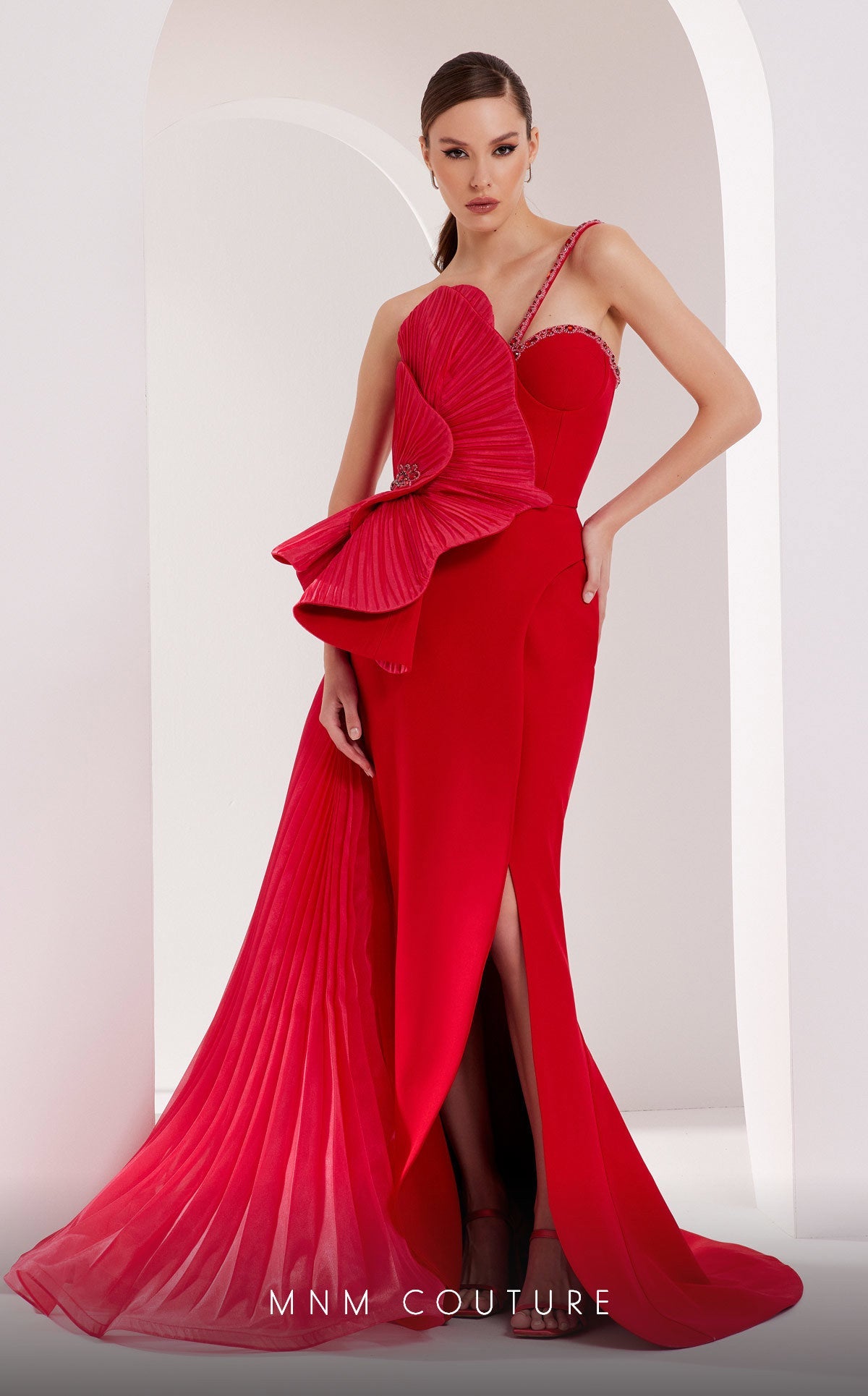 Formal Dresses Beaded Fitted Long Pleated Evening Formal Dress  Red