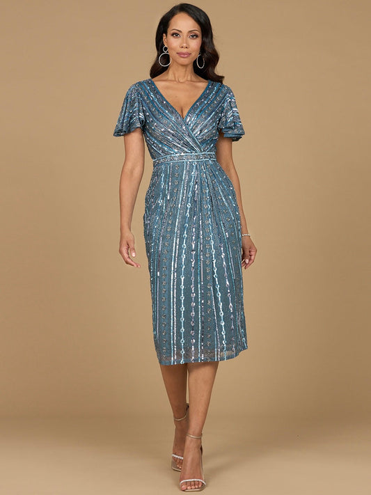 Mother of the Bride Dresses Short Beaded Midi Length Mother of the Bride Dress Slate Blue