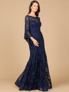 Formal Dresses Beaded Long Bell Sleeve Evening Formal Dress Navy