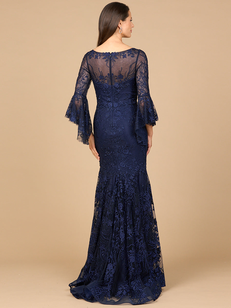 Formal Dresses Beaded Long Bell Sleeve Evening Formal Dress Navy