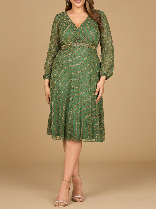 Mother of the Bride Dresses Long Sleeve Cocktail Beaded Midi Dress Olive