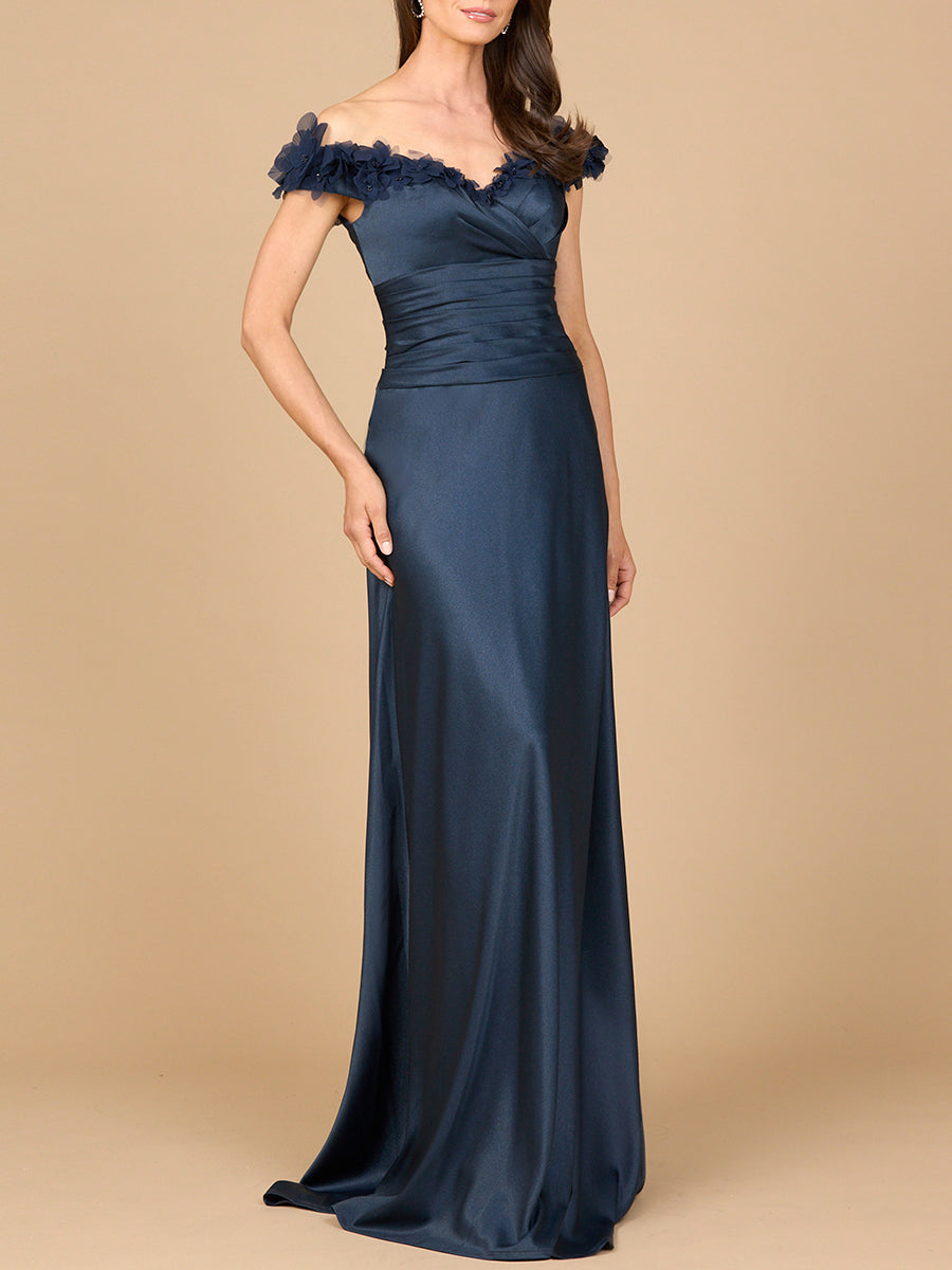 Formal Dresses Long 3D Floral Applique A Line Formal Dress Navy