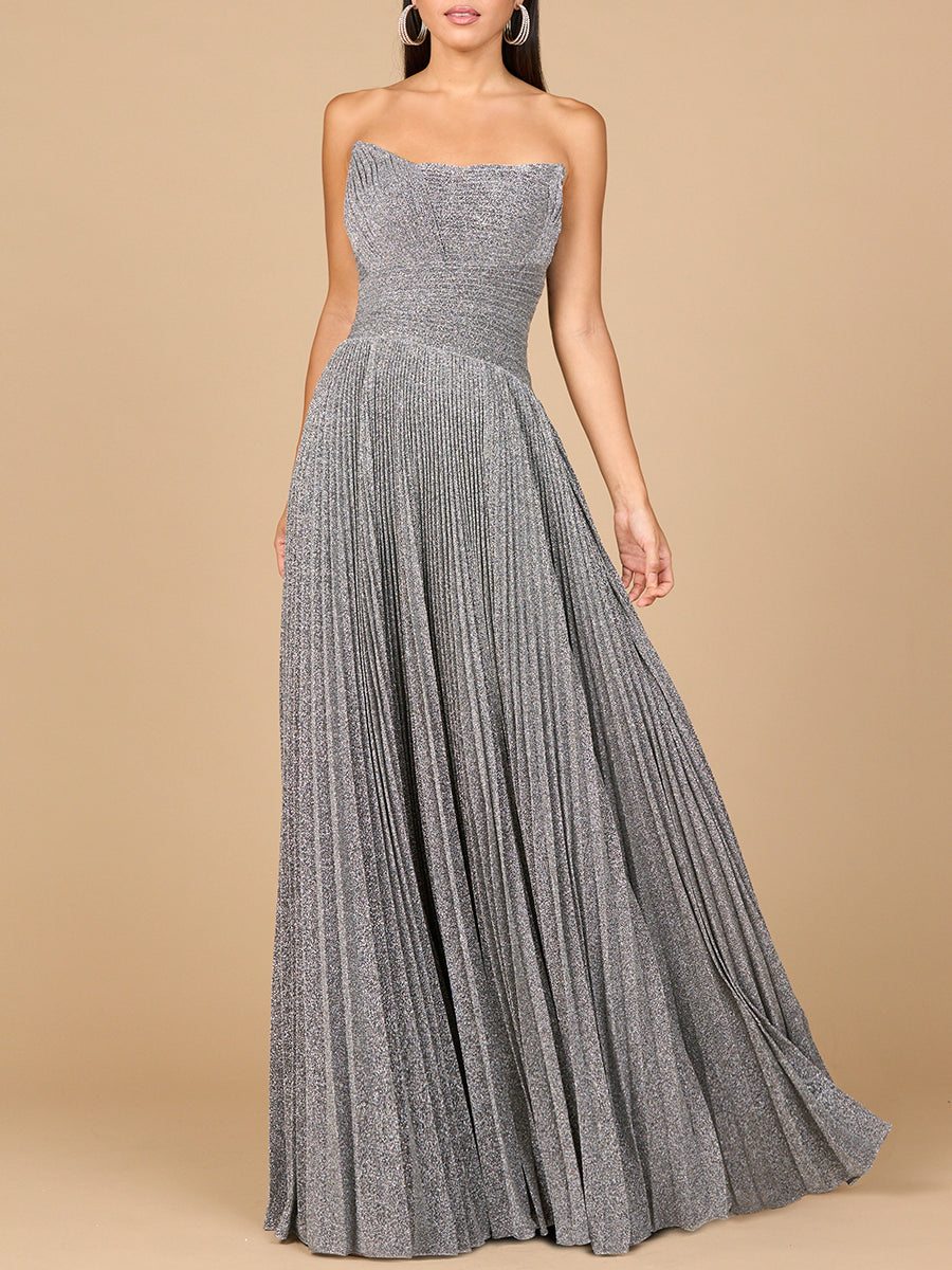 Prom Dresses  Pleated Long Formal Metallic Prom Dress Gray