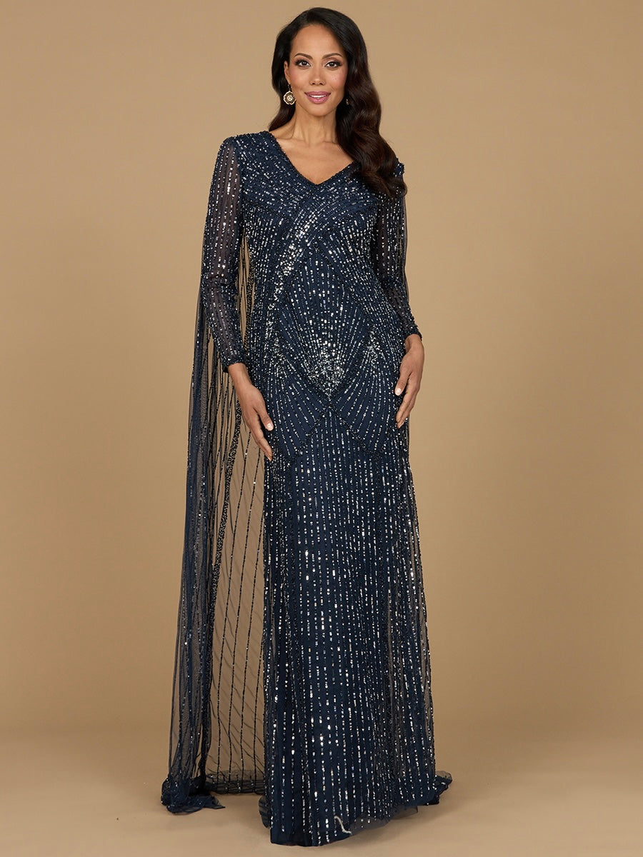 Formal Dresses Long Sleeve Formal Beaded Cape Evening Dress Navy