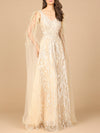 Formal Dresses Long Beaded Formal Cape Sleeve Dress Champagne