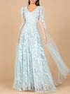 Formal Dresses Long Beaded Formal Cape Sleeve Dress Dusty Blue