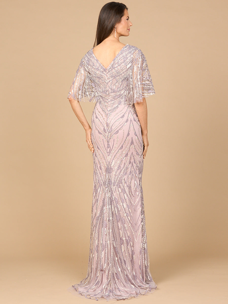 Mother of the Bride Dresses Long Formal Beaded Lace Cape Dress Dusty Purple