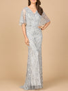 Mother of the Bride Dresses Long Formal Beaded Lace Cape Dress Grey