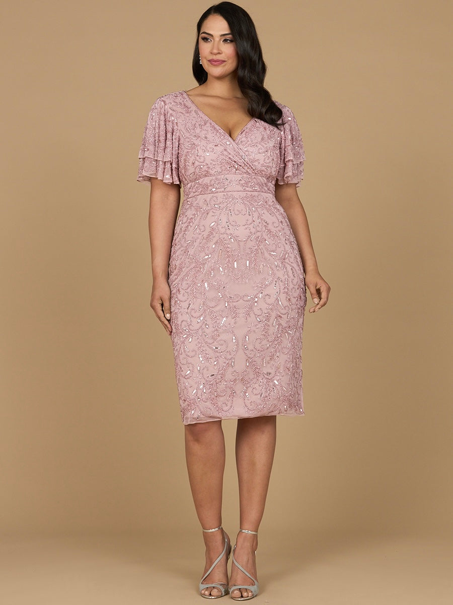 Cocktail Dresses Short Ruffle Beaded Cape Sleeve Cocktail Midi Dress Dusty Rose