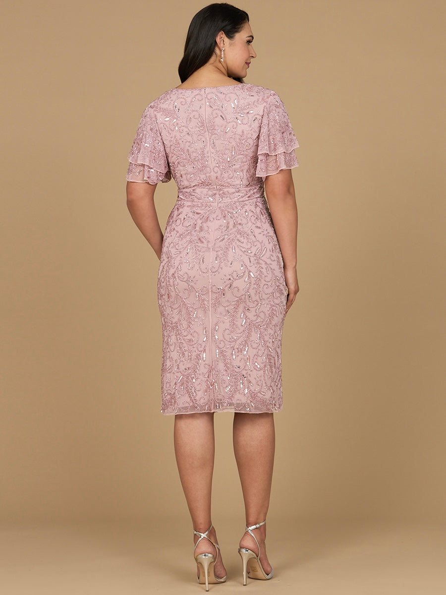 Cocktail Dresses Short Ruffle Beaded Cape Sleeve Cocktail Midi Dress Dusty Rose