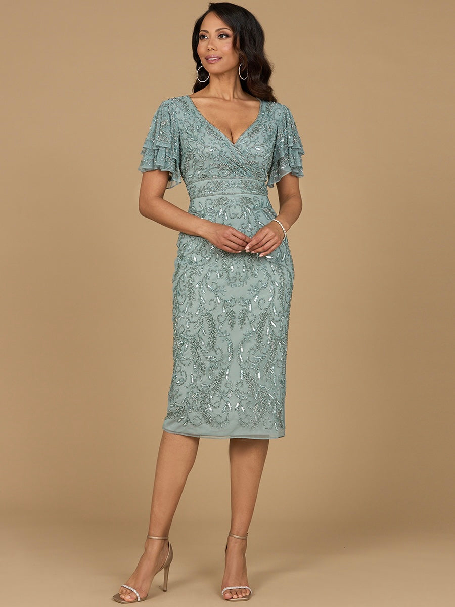 Cocktail Dresses Short Ruffle Beaded Cape Sleeve Cocktail Midi Dress Dark Sage