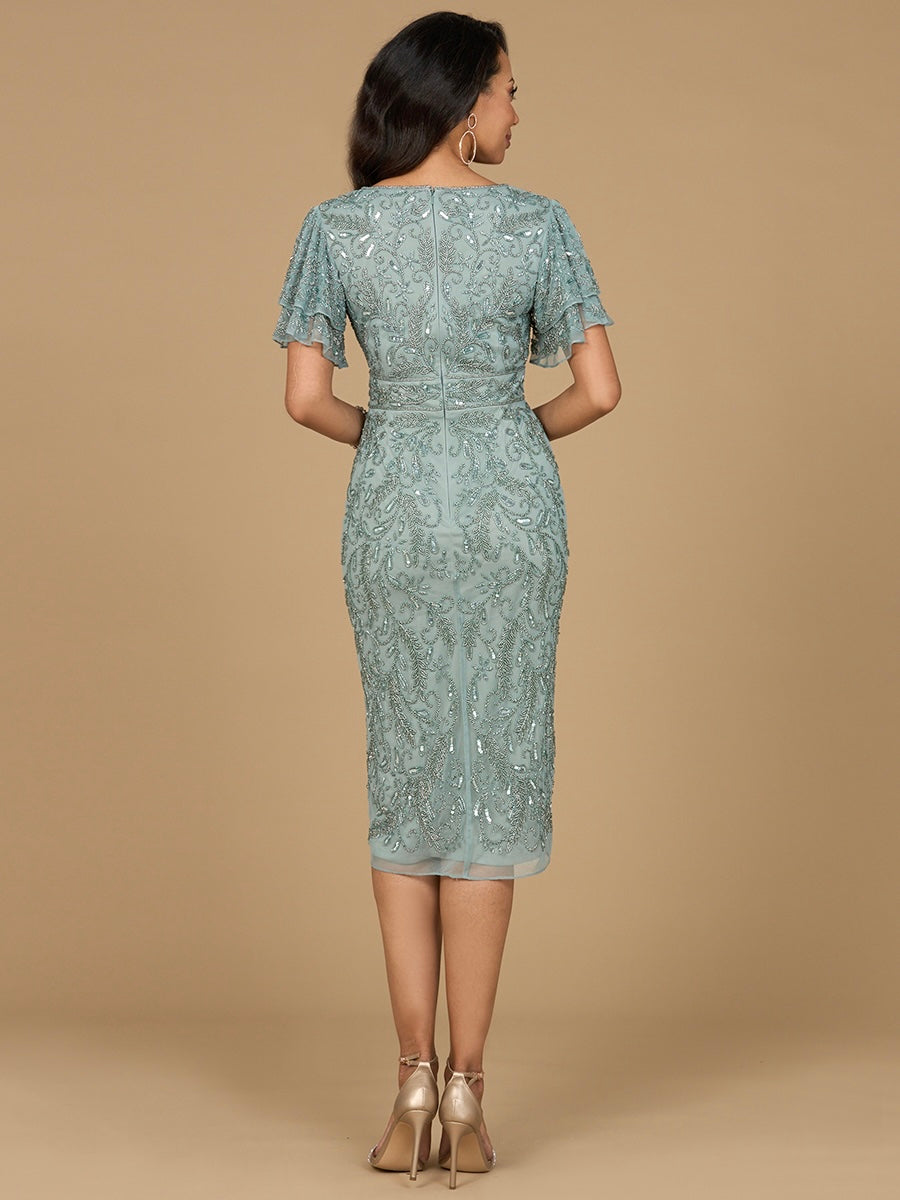 Cocktail Dresses Short Ruffle Beaded Cape Sleeve Cocktail Midi Dress Dark Sage