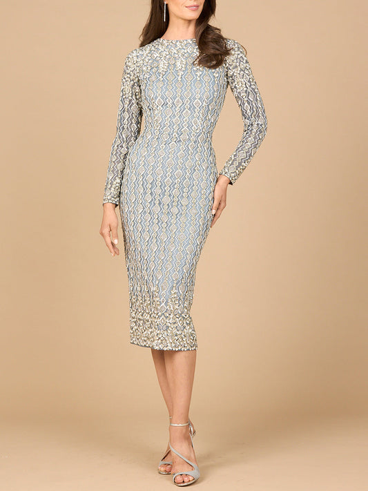 Cocktail Dresses Long Sleeve Beaded Cocktail Midi Dress Grey