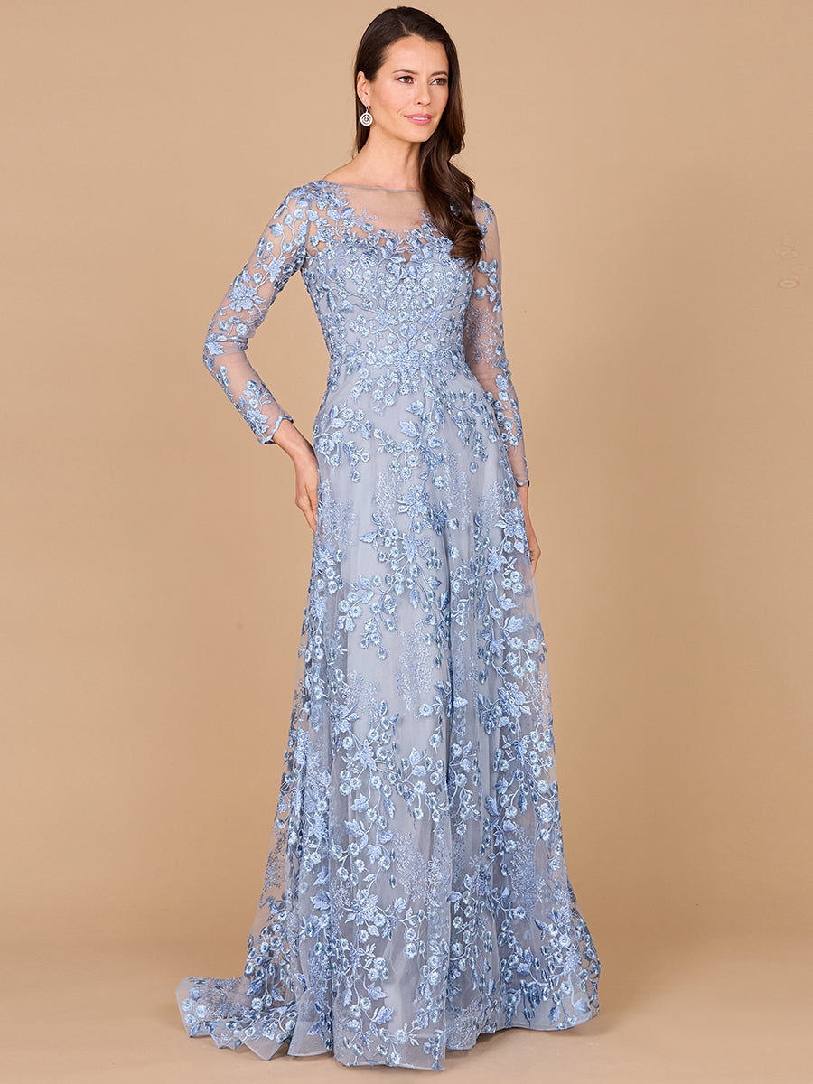 Formal Dresses Long Sleeve Formal A Line Lace Evening Dress Blue