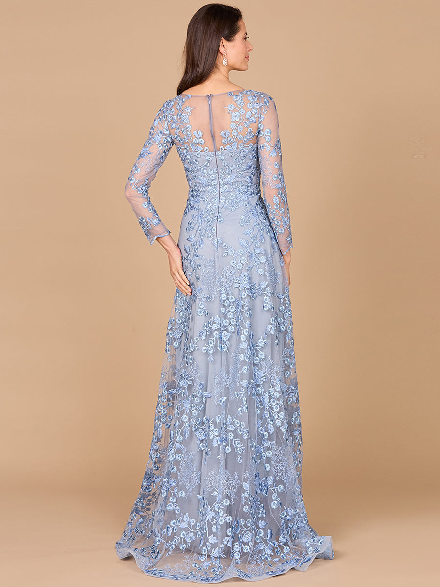 Formal Dresses Long Sleeve Formal A Line Lace Evening Dress Blue