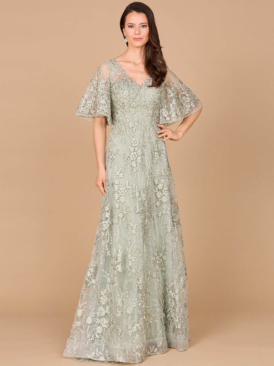 Formal Dresses A Line Lace Long Formal Cape Sleeve Evening Dress Sage