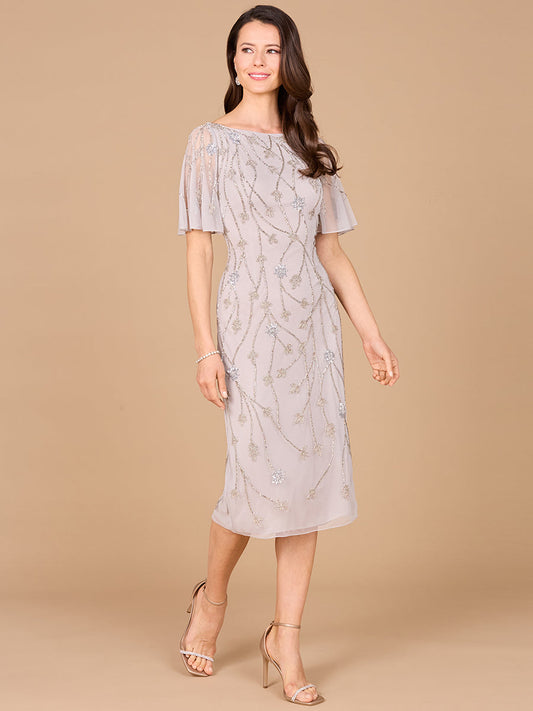Cocktail Dresses Short Cape Sleeve Beaded Midi Cocktail Dress Silver