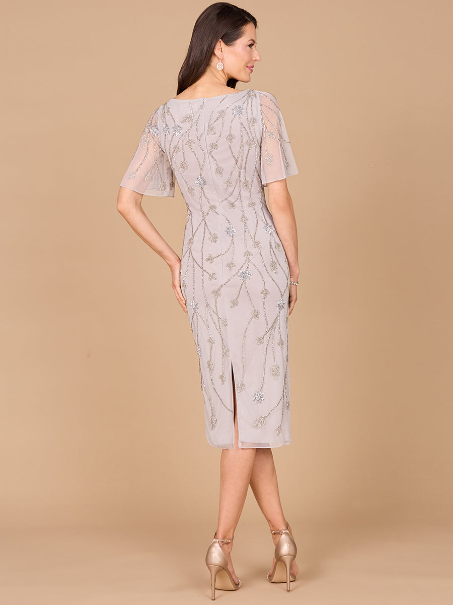 Cocktail Dresses Short Cape Sleeve Beaded Midi Cocktail Dress Silver