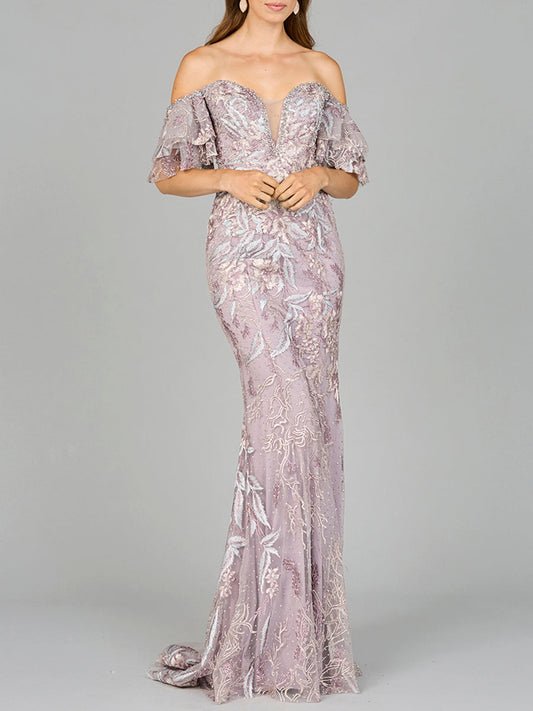 Prom Dresses Long Mermaid Formal Lace Floral Prom Dress Dusty Purple