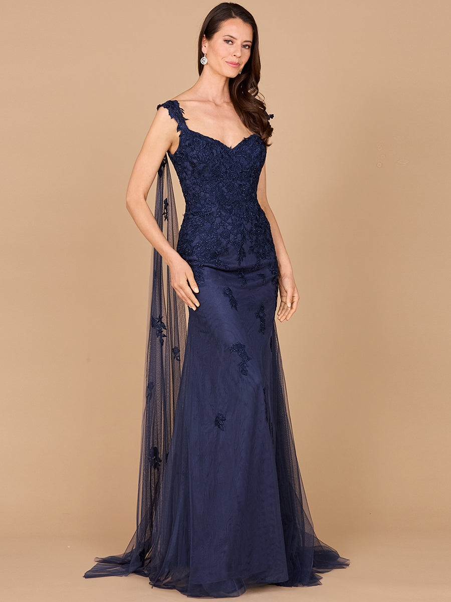 Formal Dresses Long formal Cape Sleeve Lace Dress Navy
