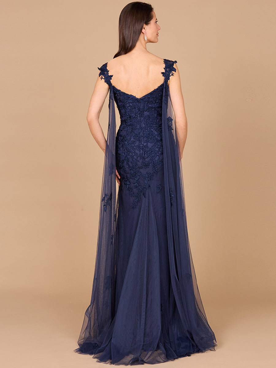 Formal Dresses Long formal Cape Sleeve Lace Dress Navy
