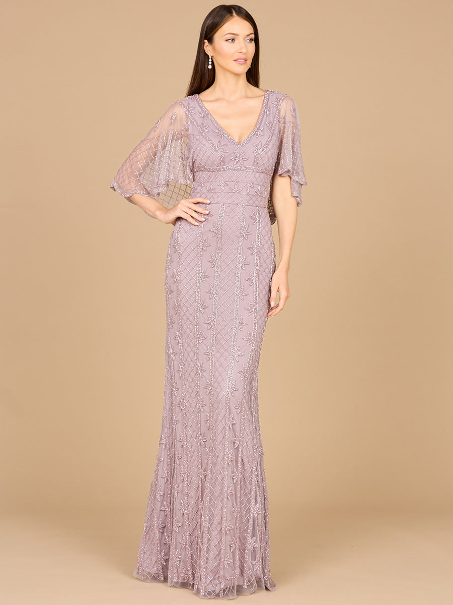 Formal Dresses Long Beaded Mermaid Cape Sleeve Evening Dress Lilac