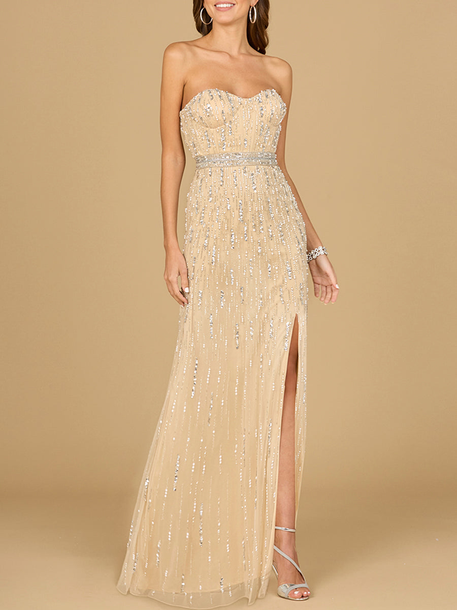 Prom Dresses Long Formal Beaded Slit Evening Prom Dress Champagne Pearl