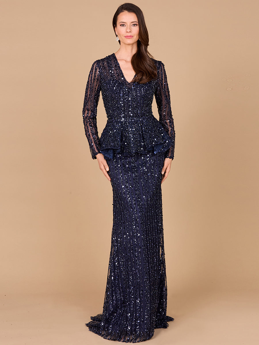 Formal Dresses Long Sleeve Formal Beaded Cape Evening Dress Navy