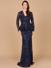 Formal Dresses Long Sleeve Beaded Formal Peplum Evening Dress Navy