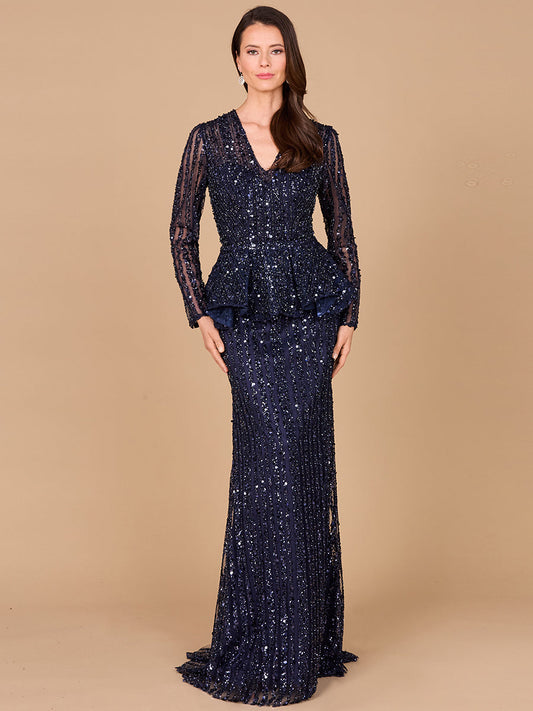 Formal Dresses Long Sleeve Beaded Formal Peplum Evening Dress Navy