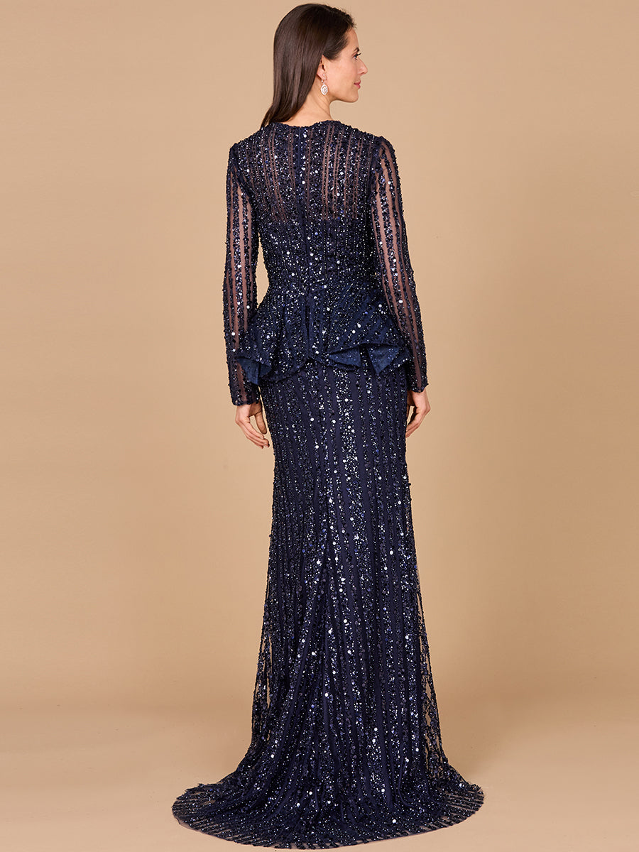 Formal Dresses Long Sleeve Beaded Formal Peplum Evening Dress Navy
