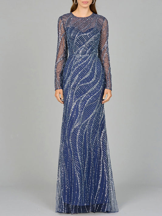 Formal Dresses Formal Beaded Long Sleeve Evening Dress Blue
