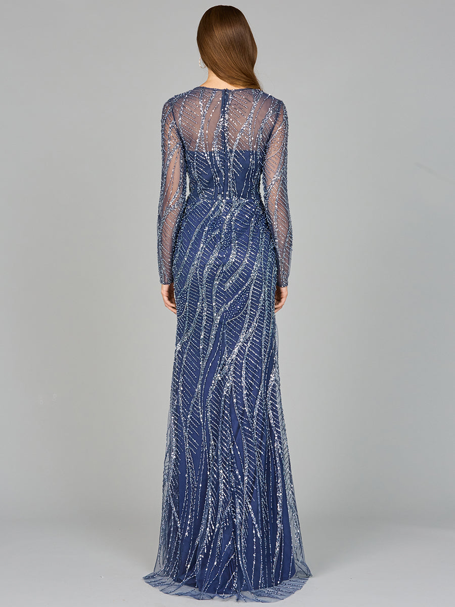 Formal Dresses Formal Beaded Long Sleeve Evening Dress Blue