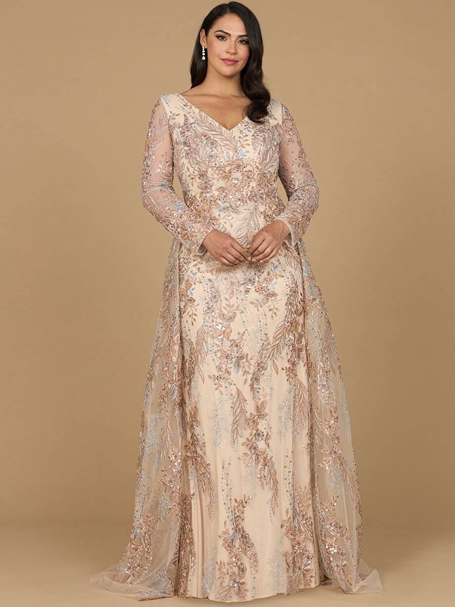Formal Dresses Long Sleeve Formal Lace Overskirt Evening Dress Champagne