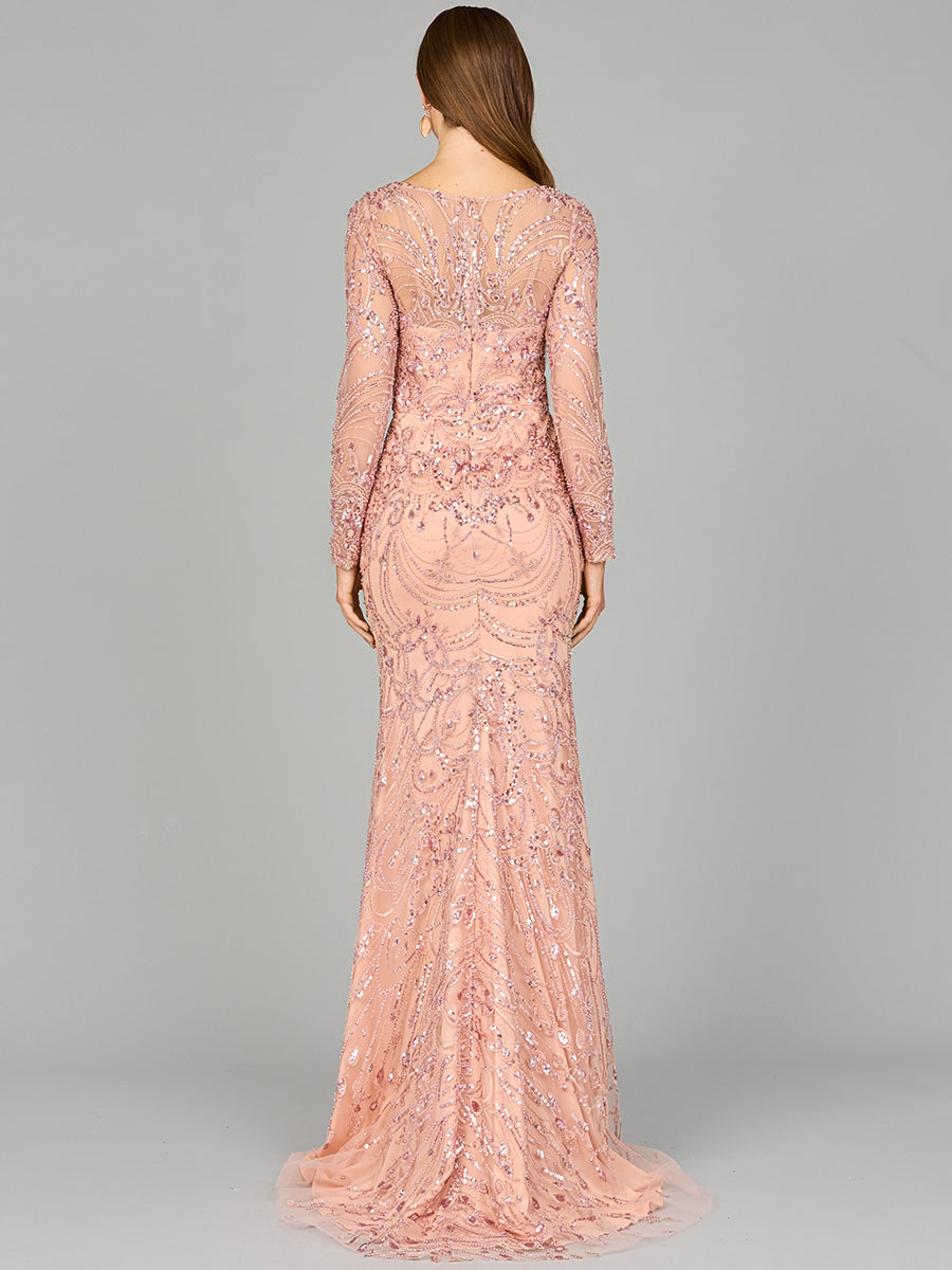 Formal Dresses Long Sleeve Formal Beaded Lace Evening Dress Blush