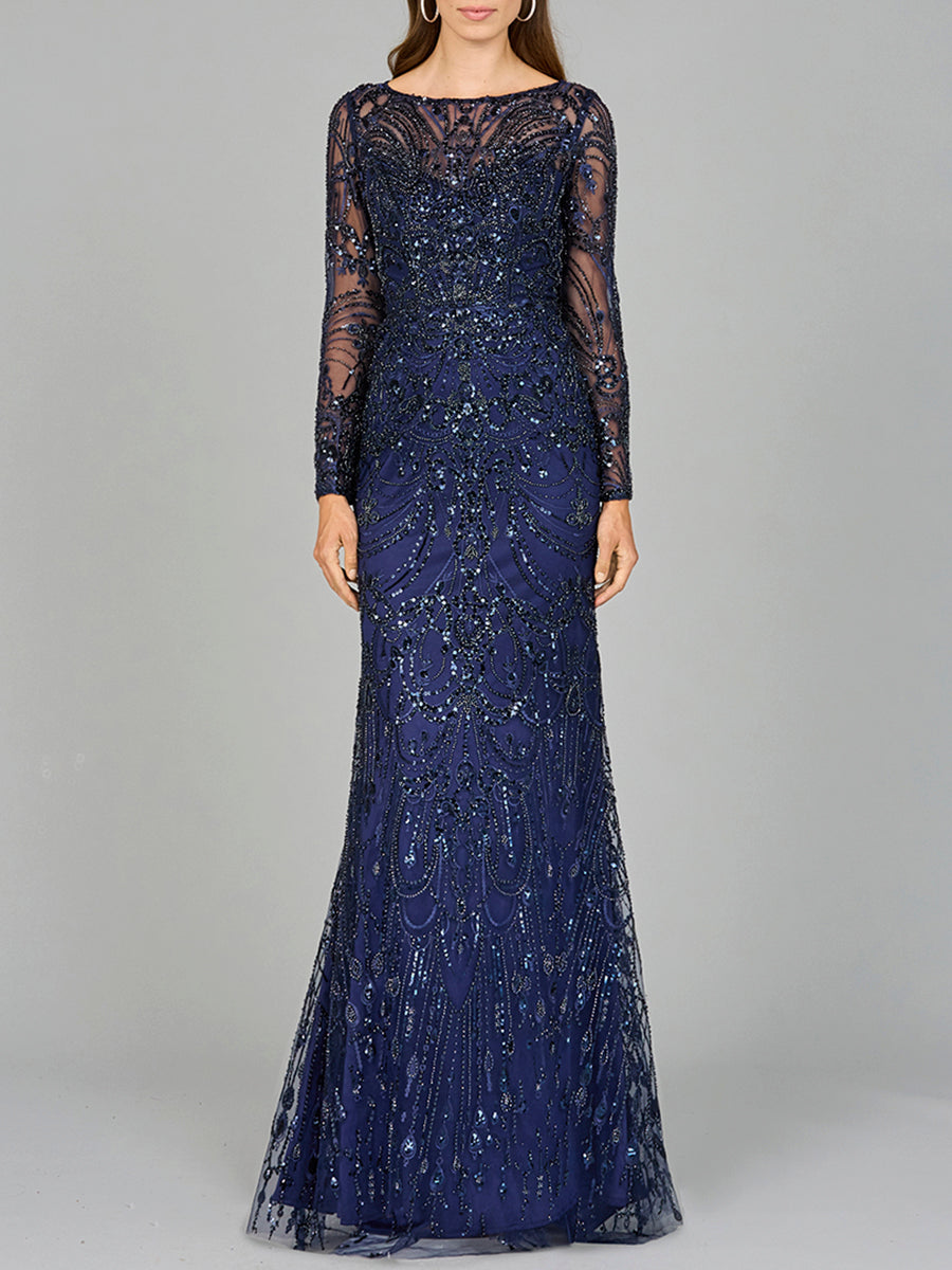 Formal Dresses Long Sleeve Formal Beaded Lace Evening Dress Navy