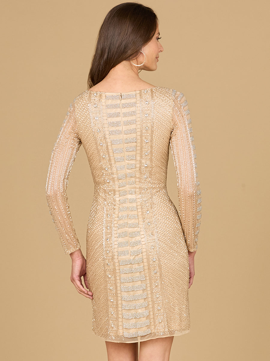 Cocktail Dresses Long Sleeve Geometric Beaded Short Cocktail Dress Champagne