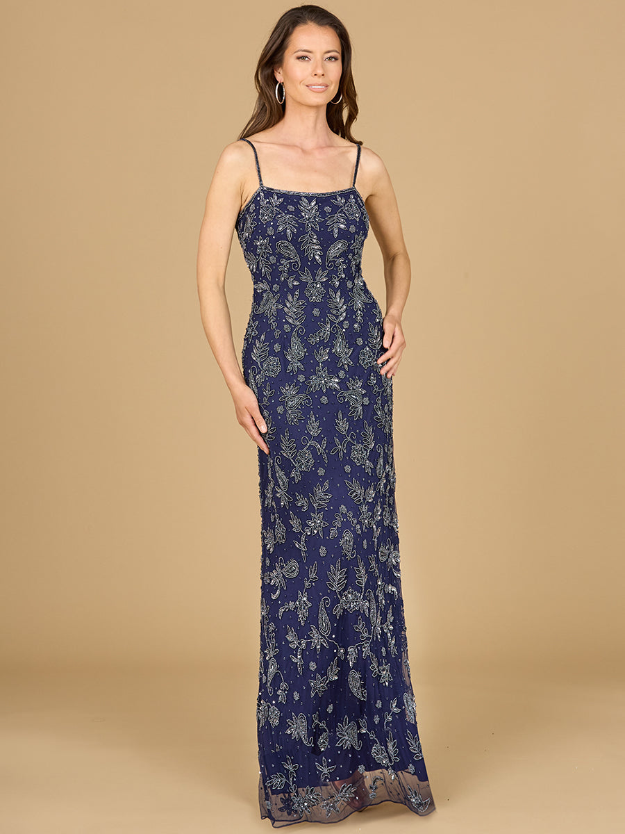 Formal Dresses Two Piece Long Formal Beaded Jacket Dress Navy