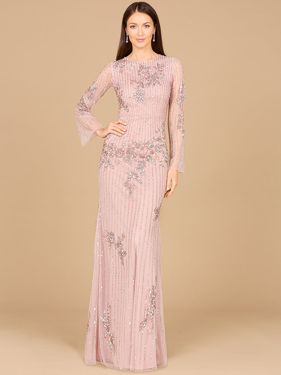 Formal Dresses Long Sleeve Formal Beaded Evening Dress Dusty Rose
