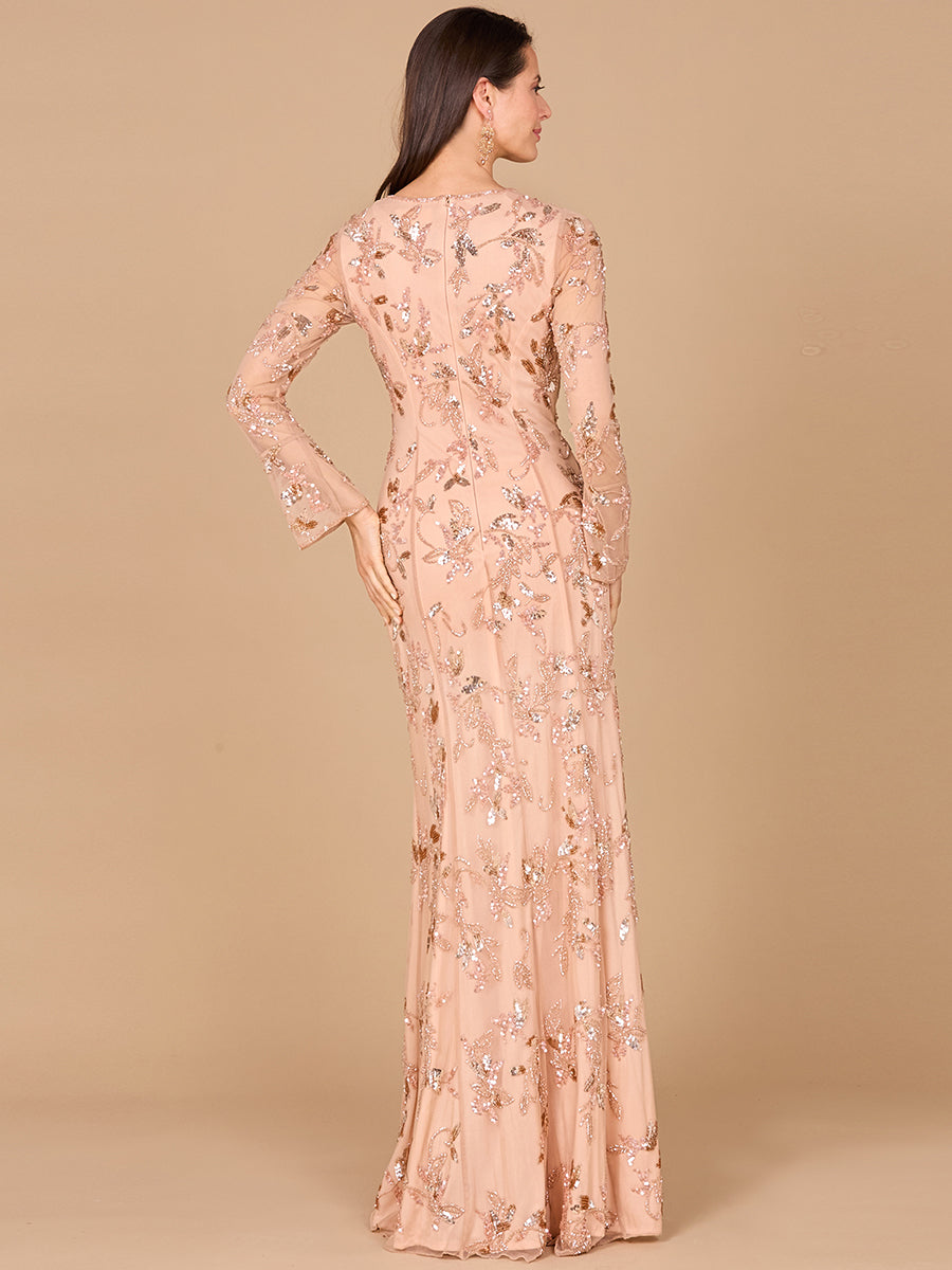 Formal Dresses Beaded Long Sleeve Evening Formal Dress Champagne Rose
