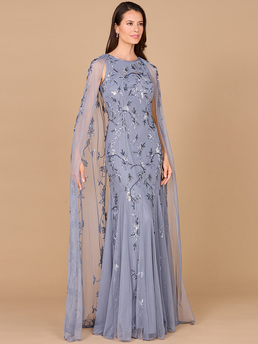 Formal Dresses Long Formal Cape Beaded Evening Dress Dusty Periwinkle